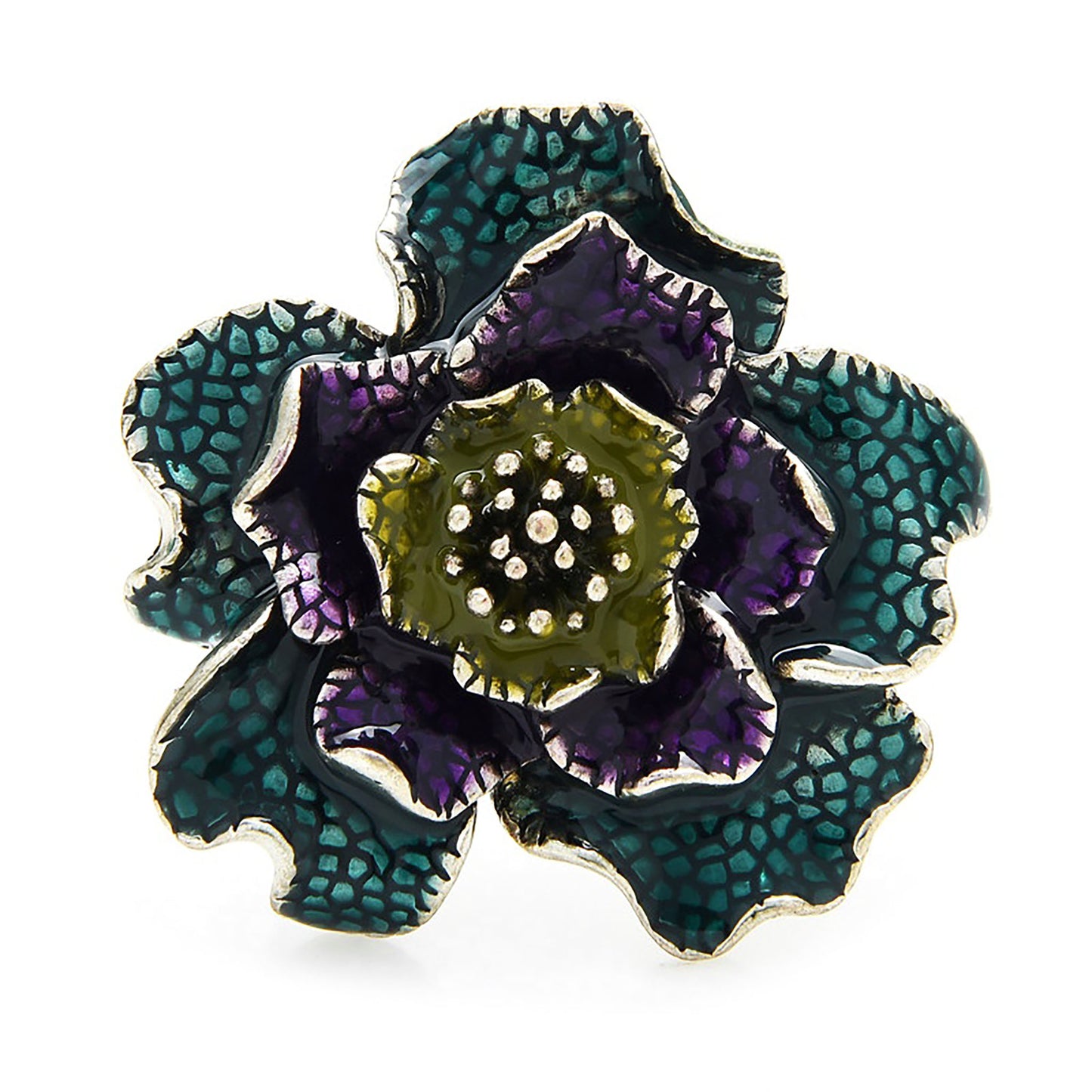 Broche elegante en forma de flor con esmalte pintado a mano en tonos verdes, púrpuras y turquesas, marca española Sonata.