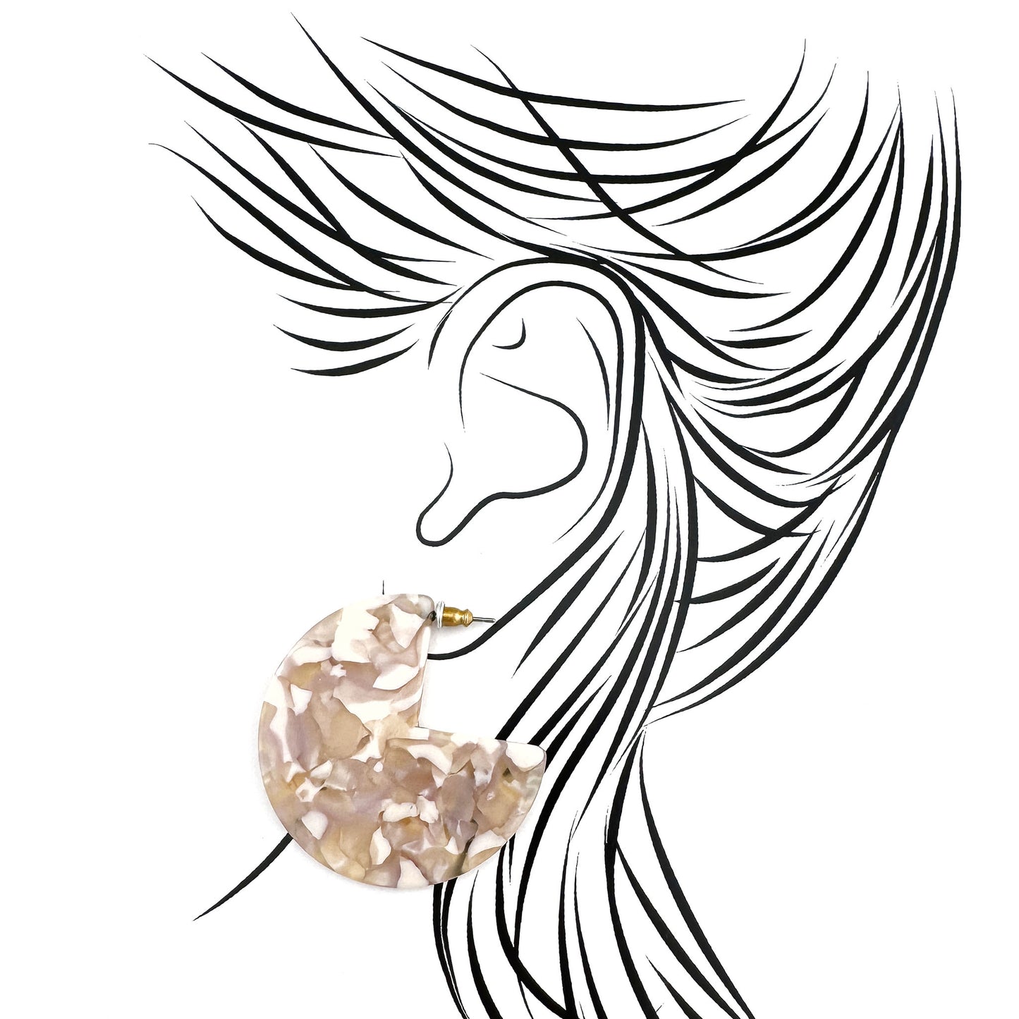 Acetate crescent-shaped earrings with beige and white marbled pattern, Danish brand Pilgrim.
