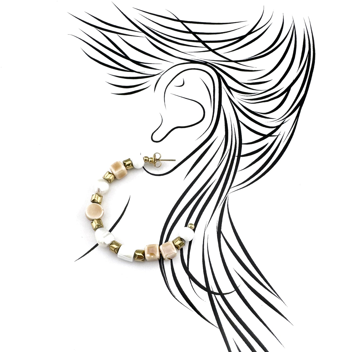 Hoop earrings with natural pearls, ceramic and golden beads, French brand Ikita.