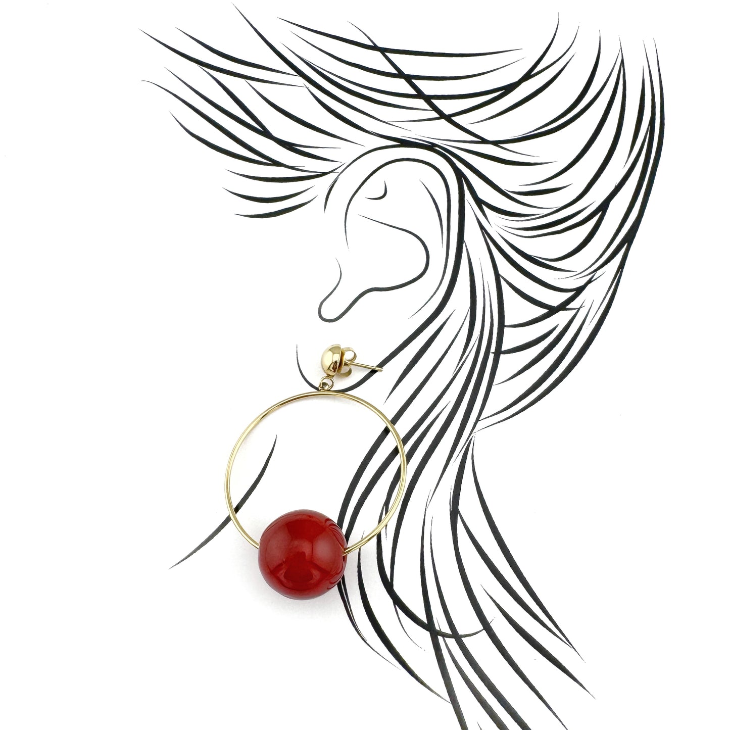 Hoop earrings with a large glossy red bead, French brand Ikita.