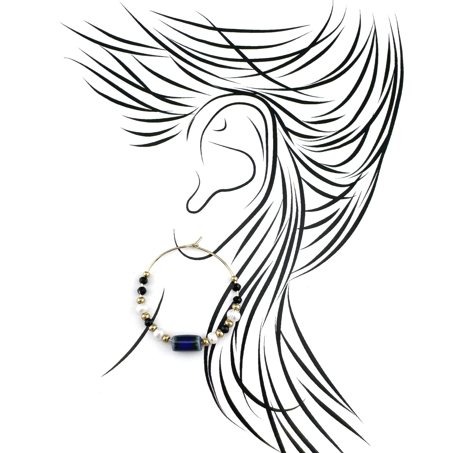 Hoop earrings with freshwater pearls, black crystals and blue-black ceramic beads, French brand Ikita.