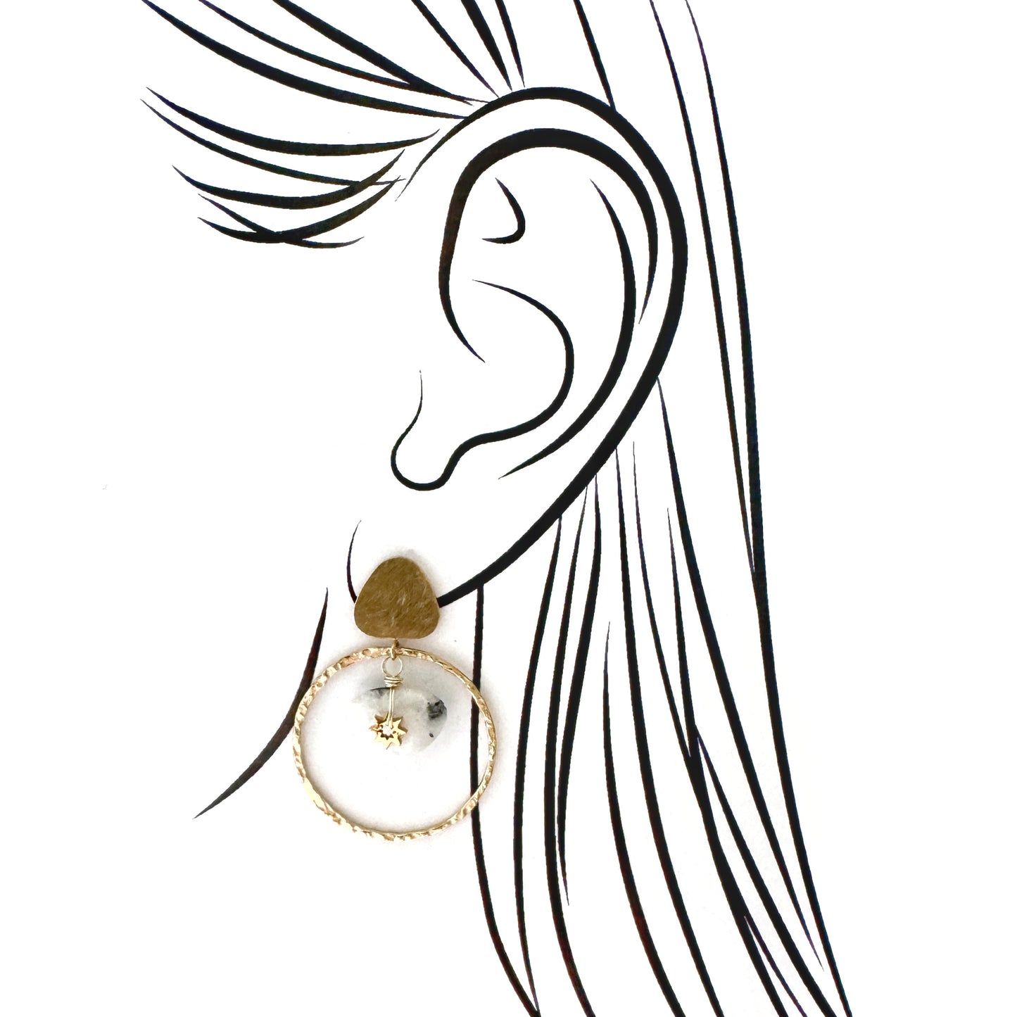 Earrings with natural labradorite pendant and golden star-shaped charm, French brand Ikita.