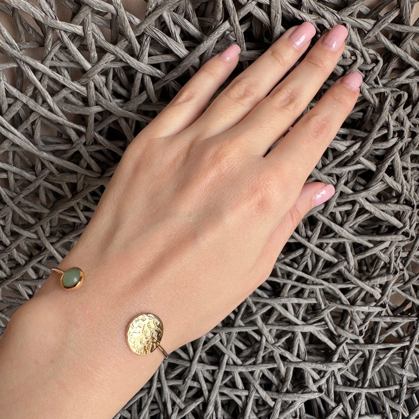 Open bracelet with amazonite and gold-toned decorative plate, French brand IRL.