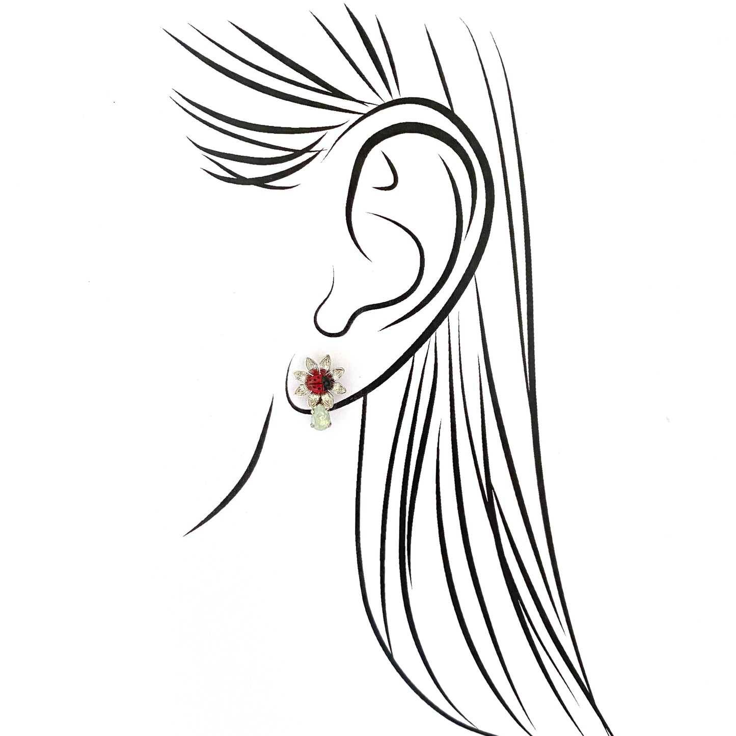 Artistic stud earrings with ladybug and flower design, silver-plated and enamel details