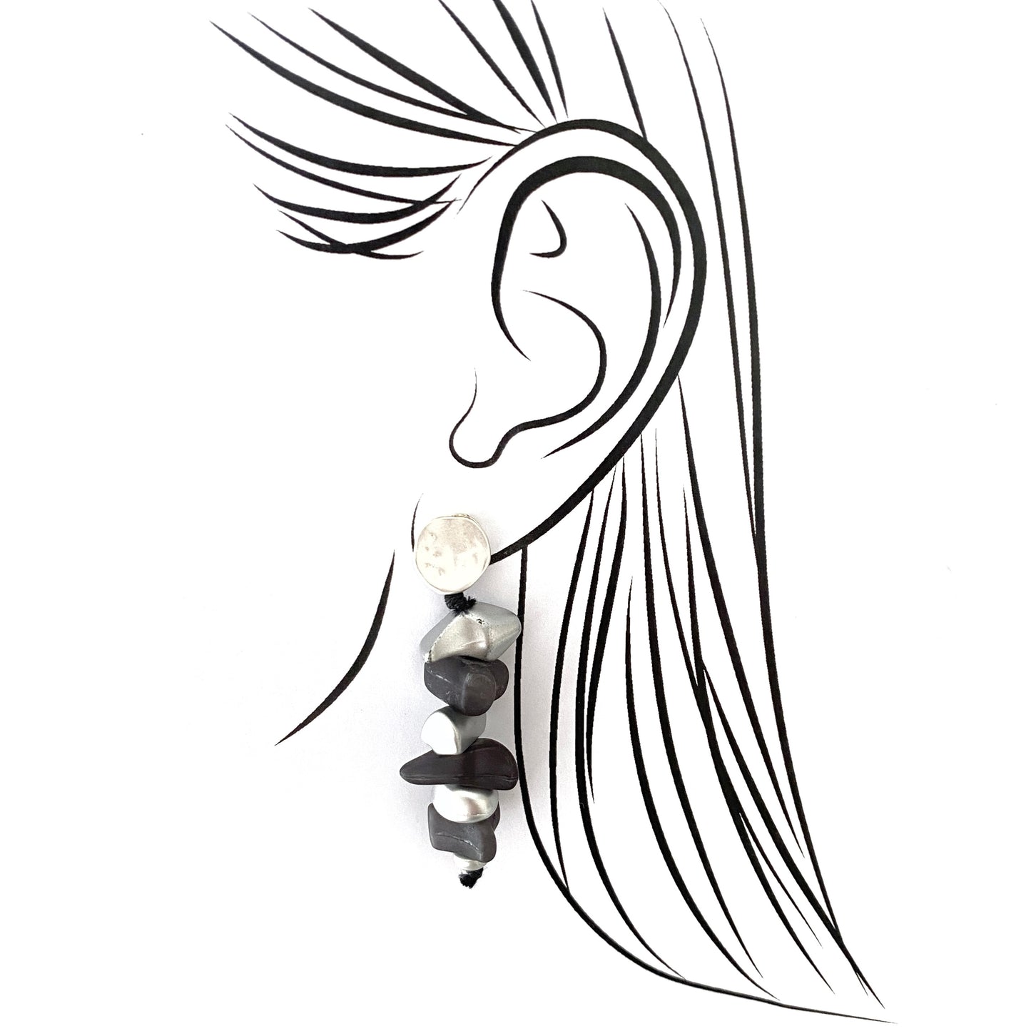 Handmade long black and silver earrings in an abstract geometric design
