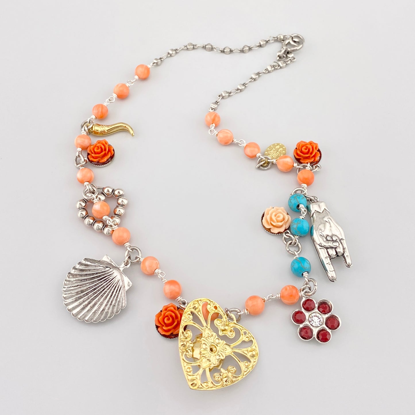 Boho double necklace with pendant charms and bright accents