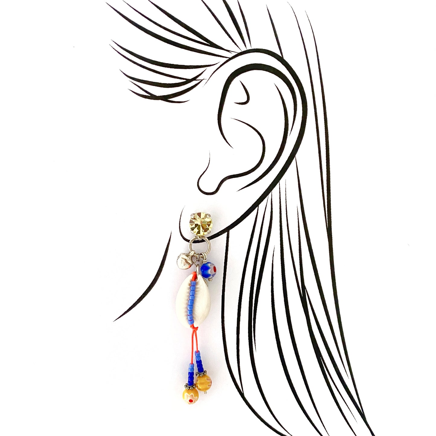 Long boho-style shell earrings with beads, crystals, and ethnic-inspired charms