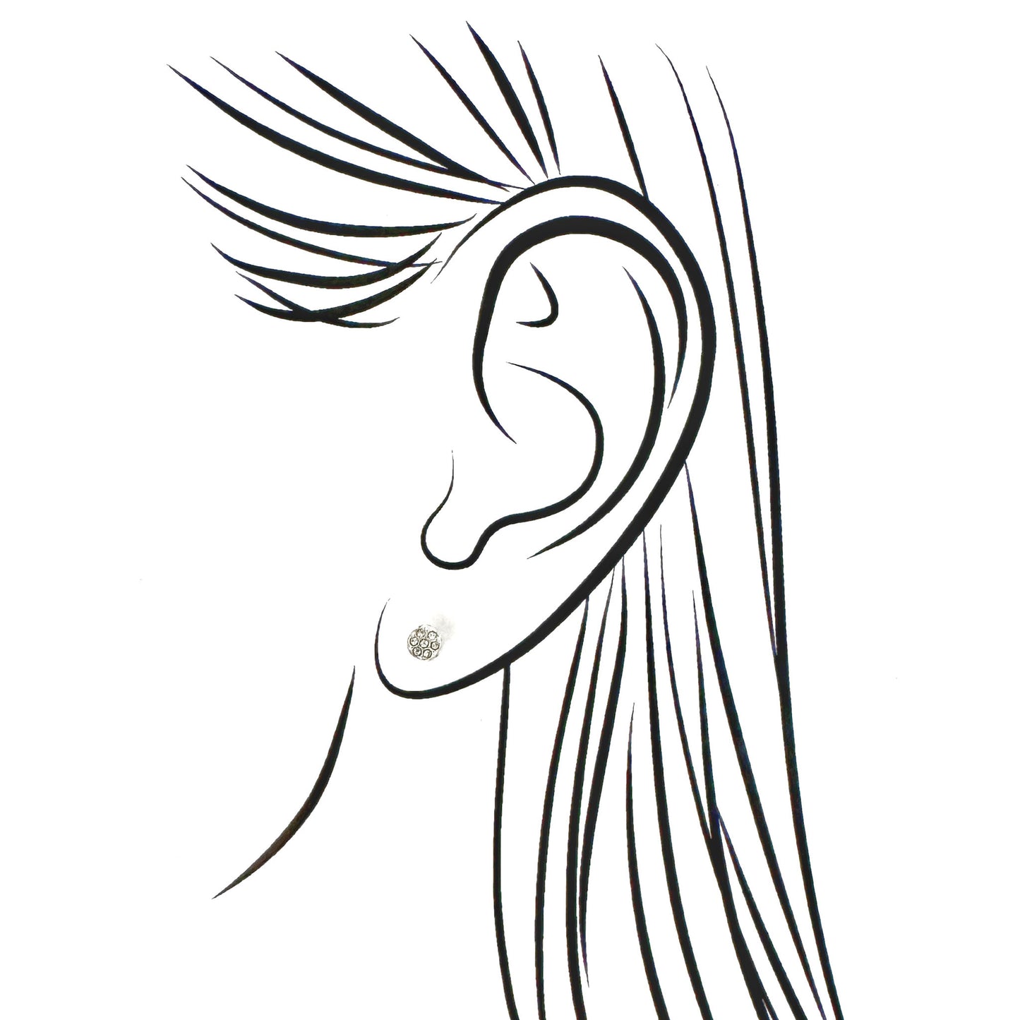 Small silver crystal stud earrings shown in ear outline illustration