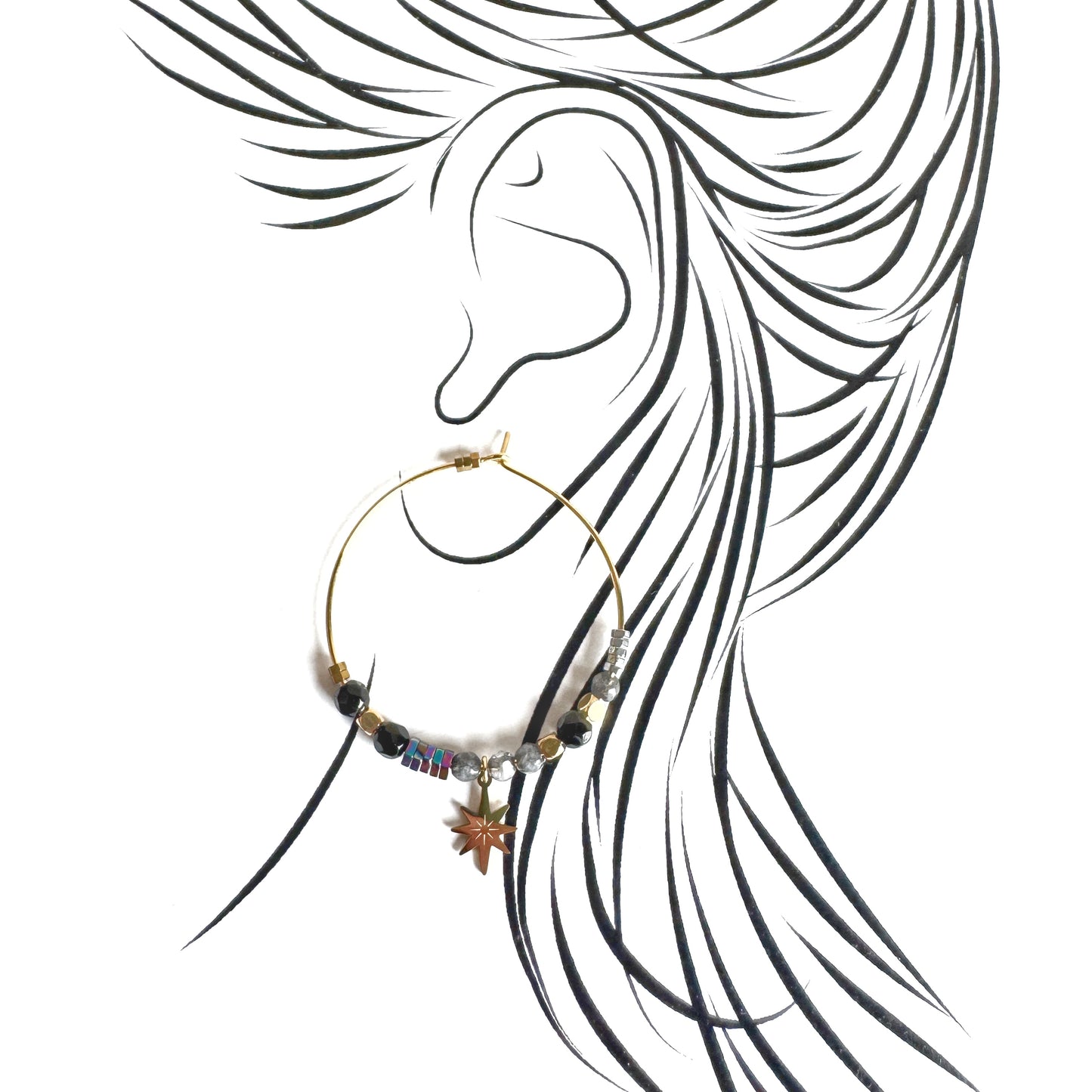 Gold hoop earrings with mixed natural stones and a golden star charm