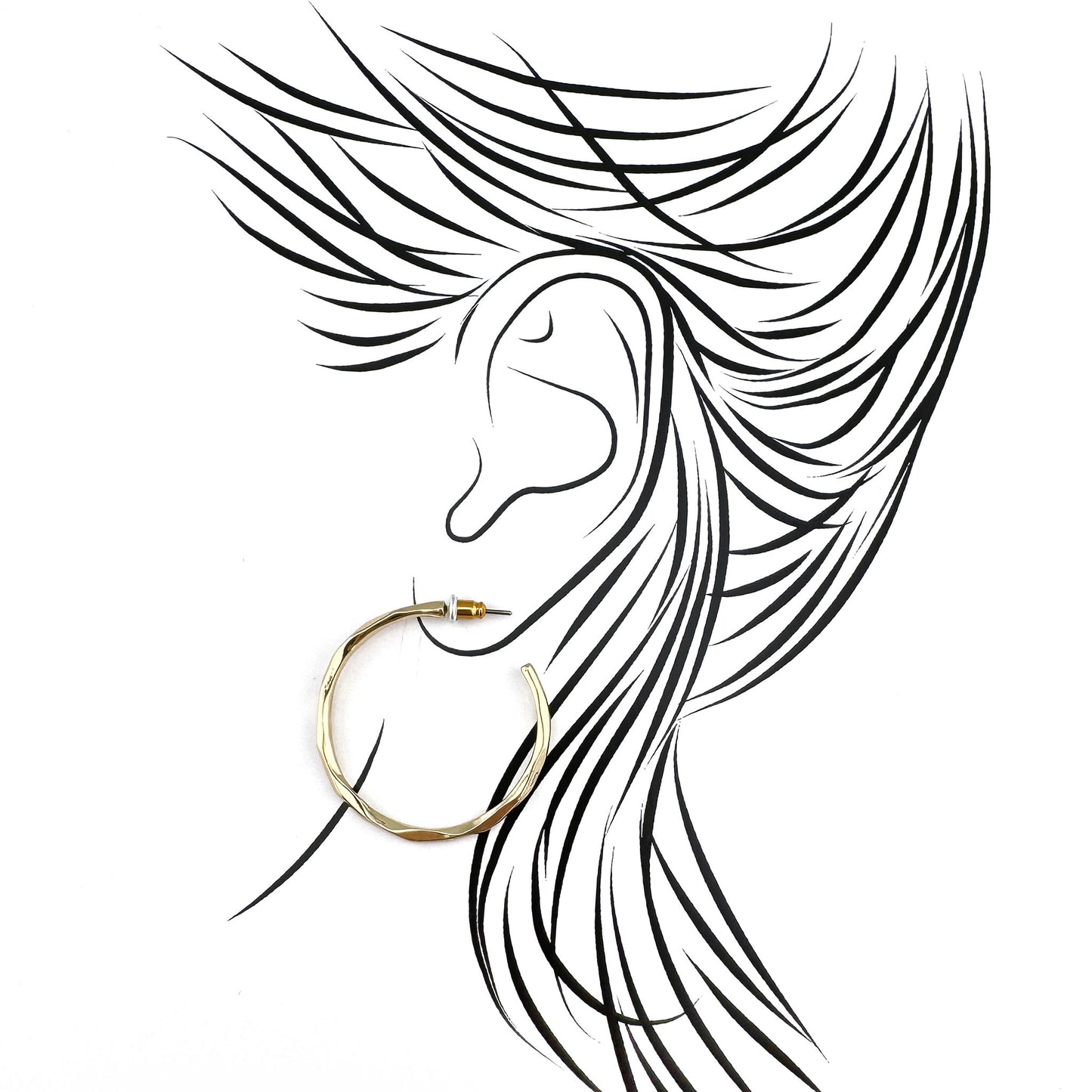 Shiny gold hoop earrings with wave texture and artistic reflection