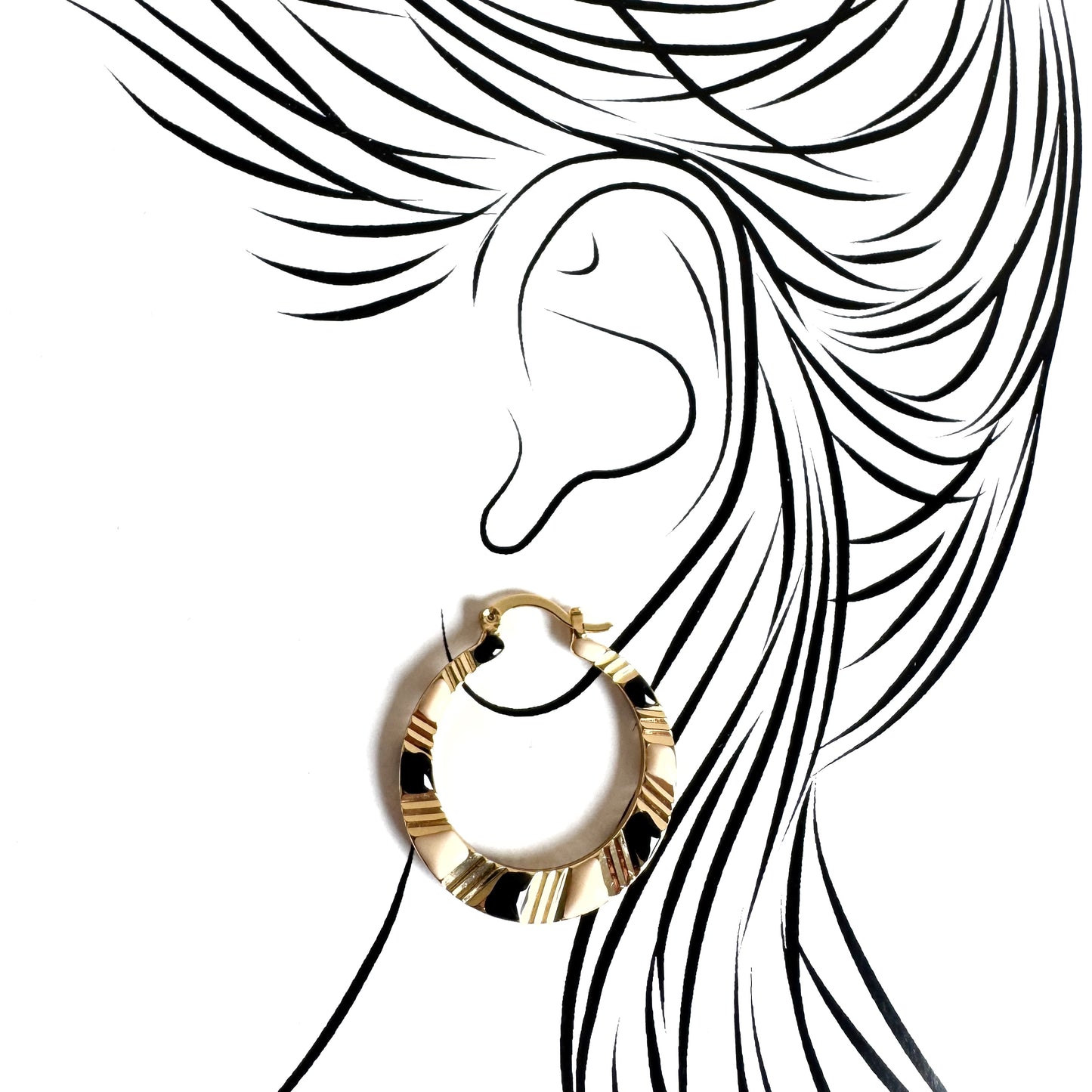 Golden hoop earrings with black and cream enamel, geometric design emphasizing modern elegance and bold style