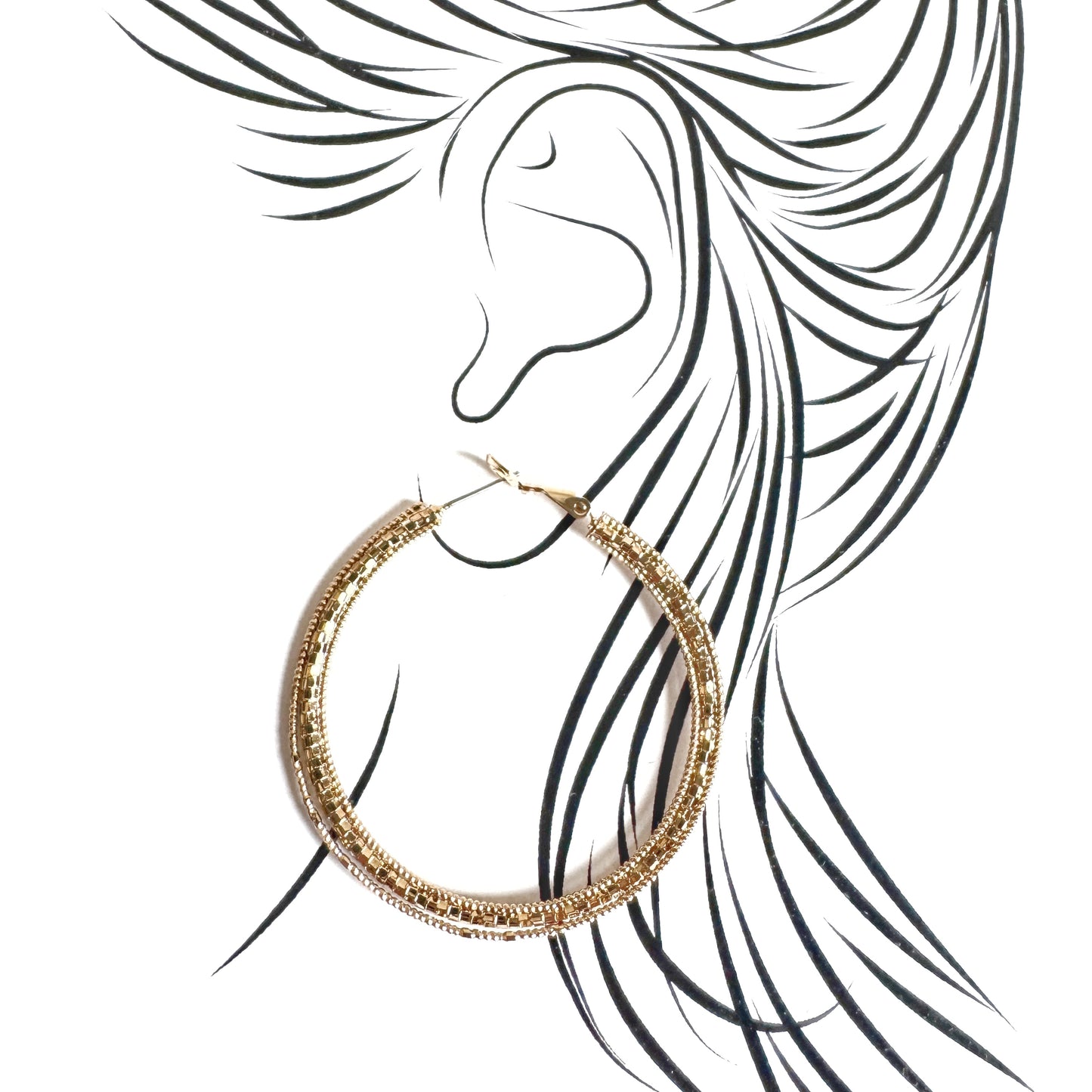 Large triple gold hoops with geometric structure and earlobe stud mounting