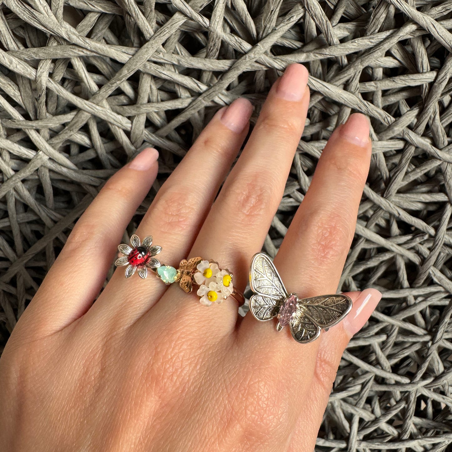 Reminiscence ring set with floral, butterfly and ladybug designs in vintage style