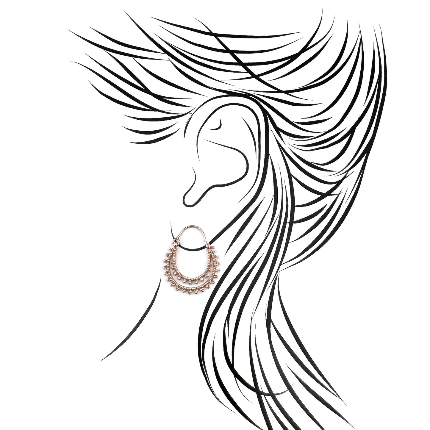 Ethnic rose gold earrings with crystals and hook clasp