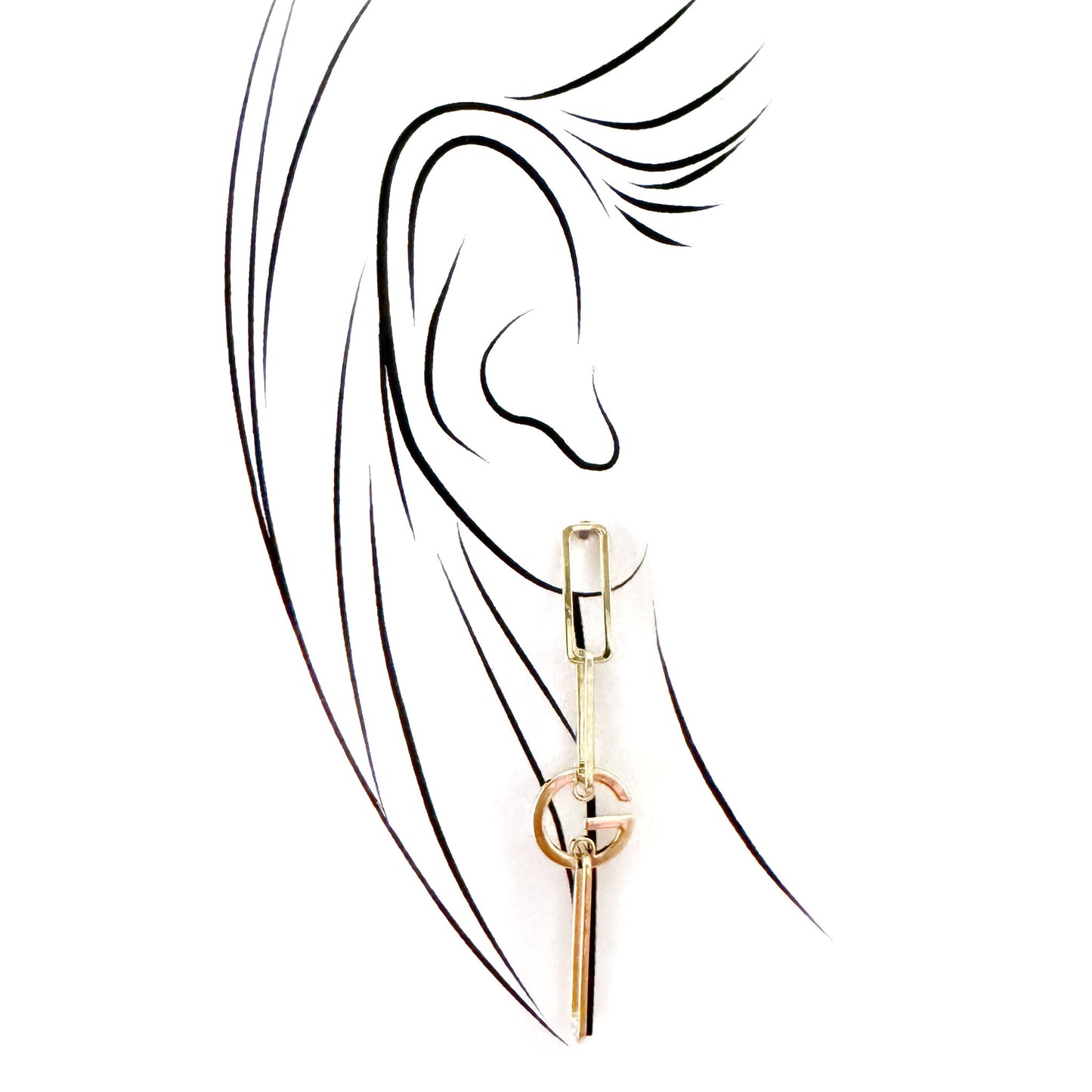 Long gold Cannelle earring styled on ear in elegant sketch