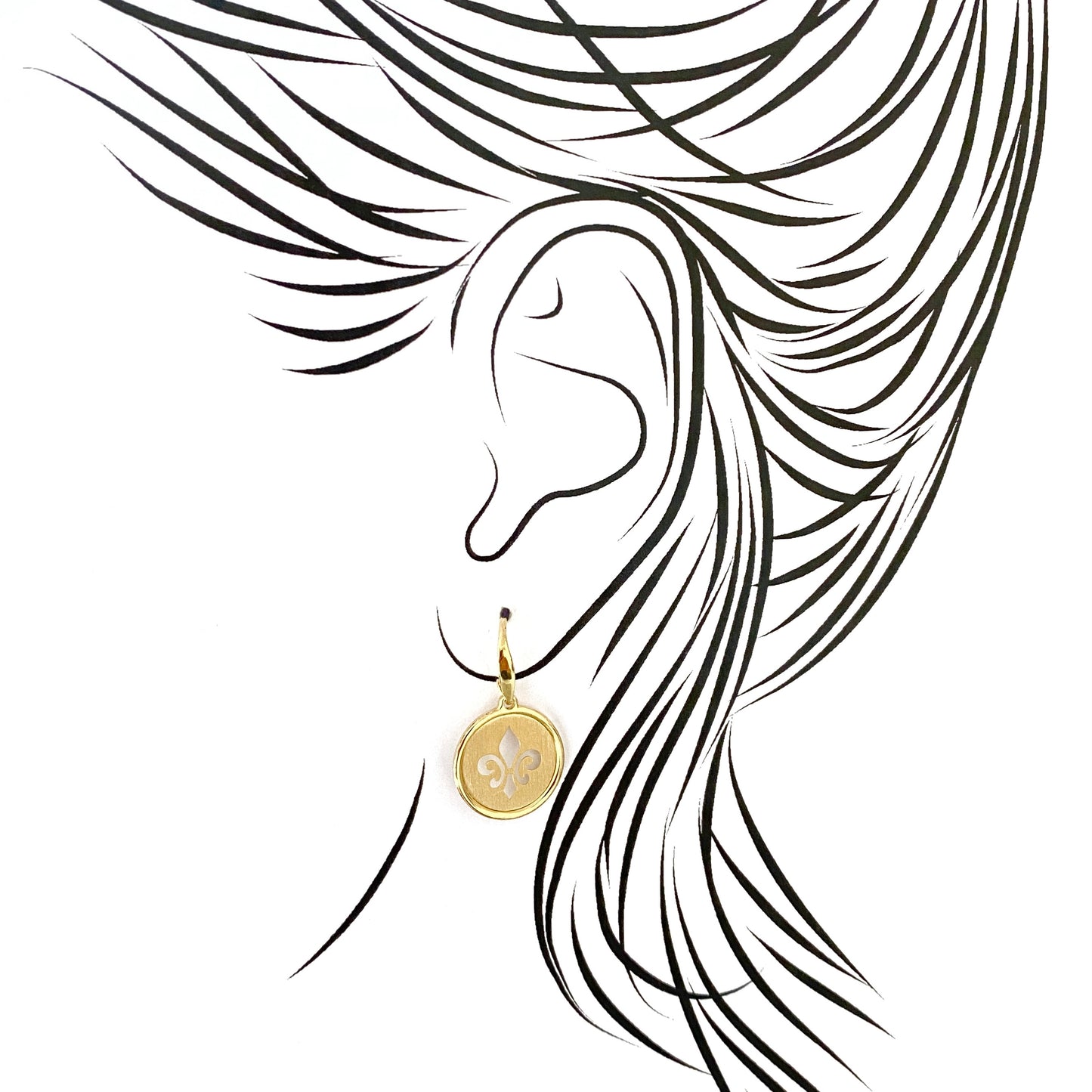 Nomination round earrings with fleur-de-lis design shown on ear illustration