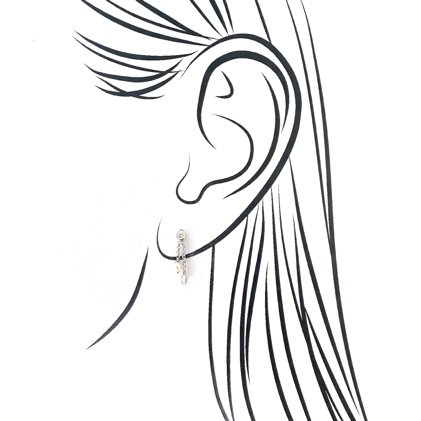 Nomination earrings with pearls and zirconia chains shown on ear illustration