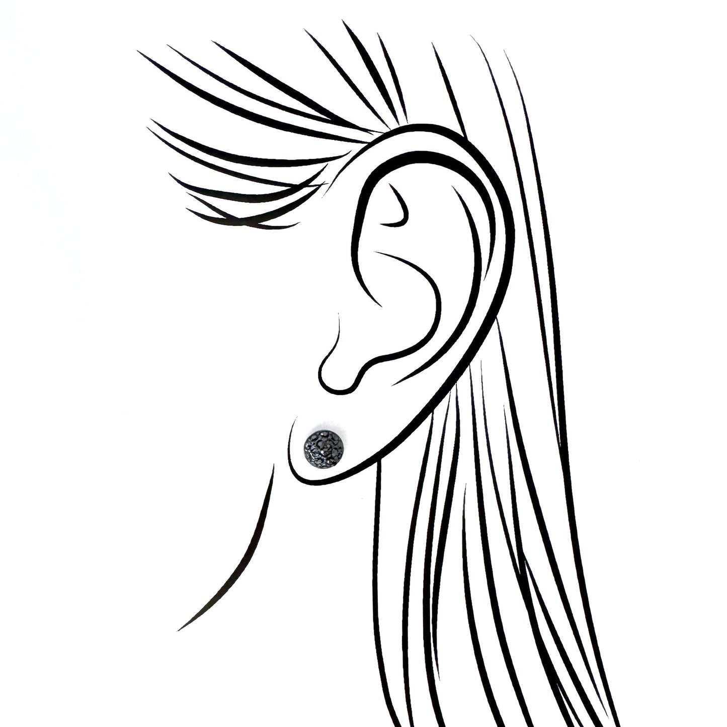 Black crystal stud earrings shown on ear sketch