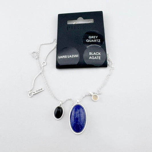 Naszyjnik Pilgrim z lapis lazuli, czarnym agatem i szarym kwarcem w srebrzystym wykończeniu