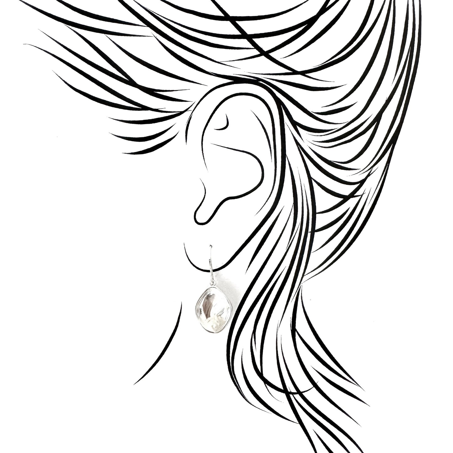 Silver drop earrings with asymmetric design on ear illustration