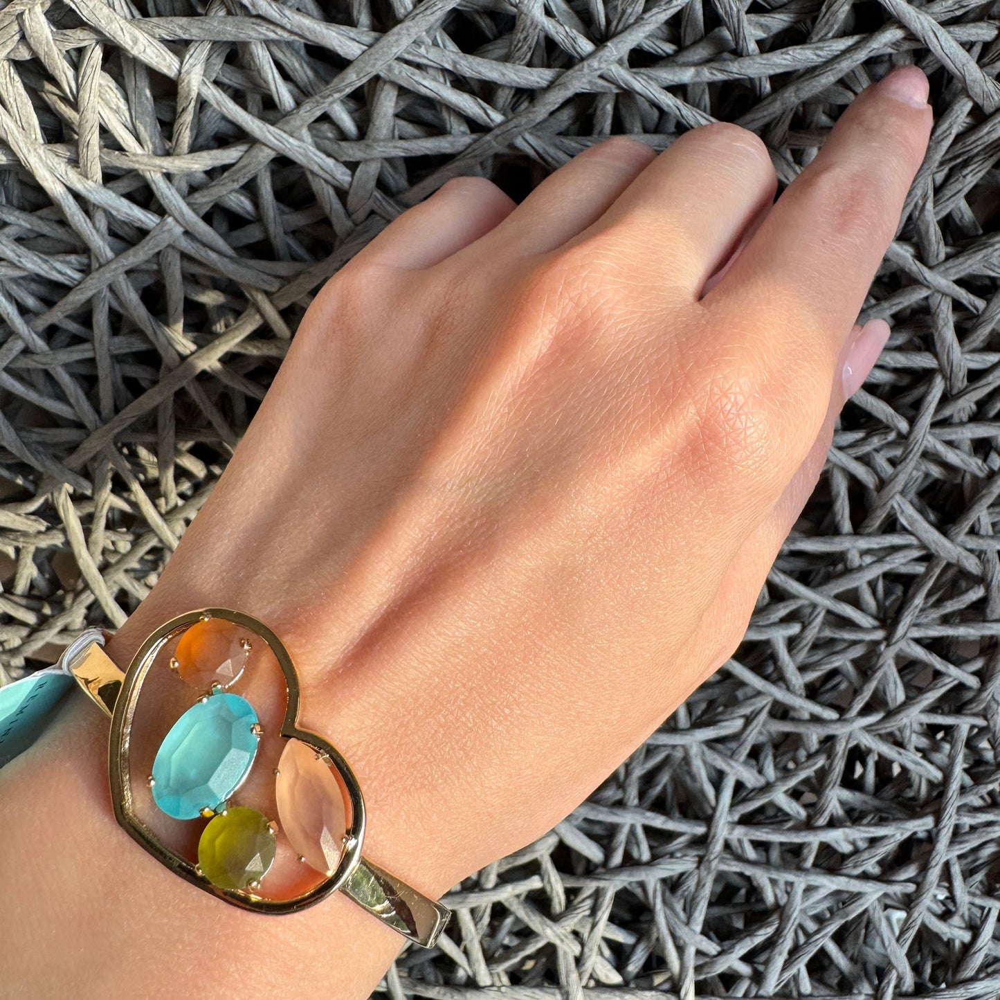 Gold heart bracelet with pastel crystals and delicate hand-finished details