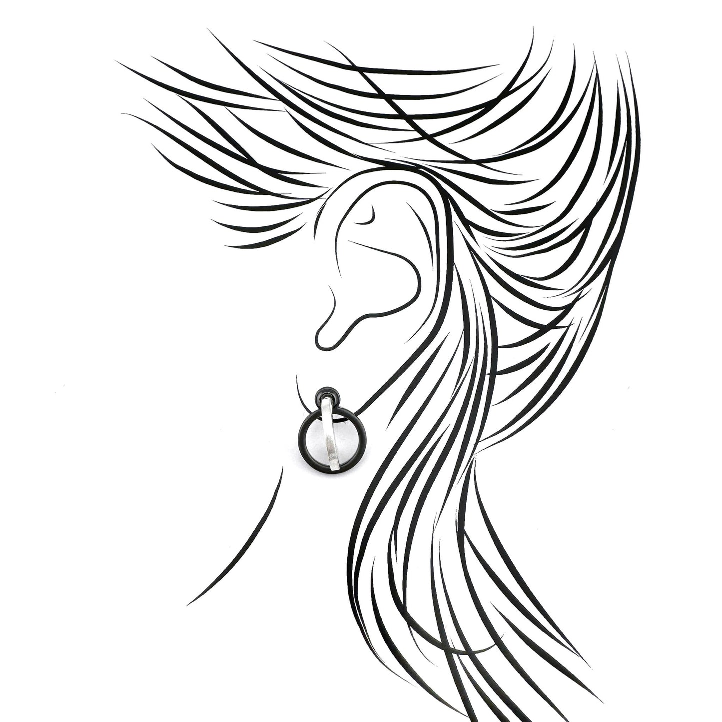 Modern black and silver earrings with twisted ring design and matte shine