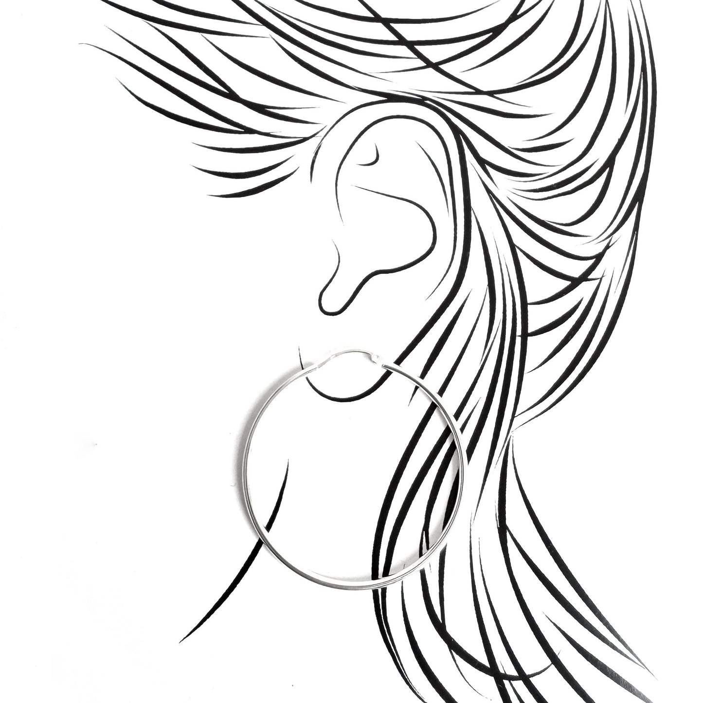 Illustration of IRL silver hoop earrings worn delicately on the ear