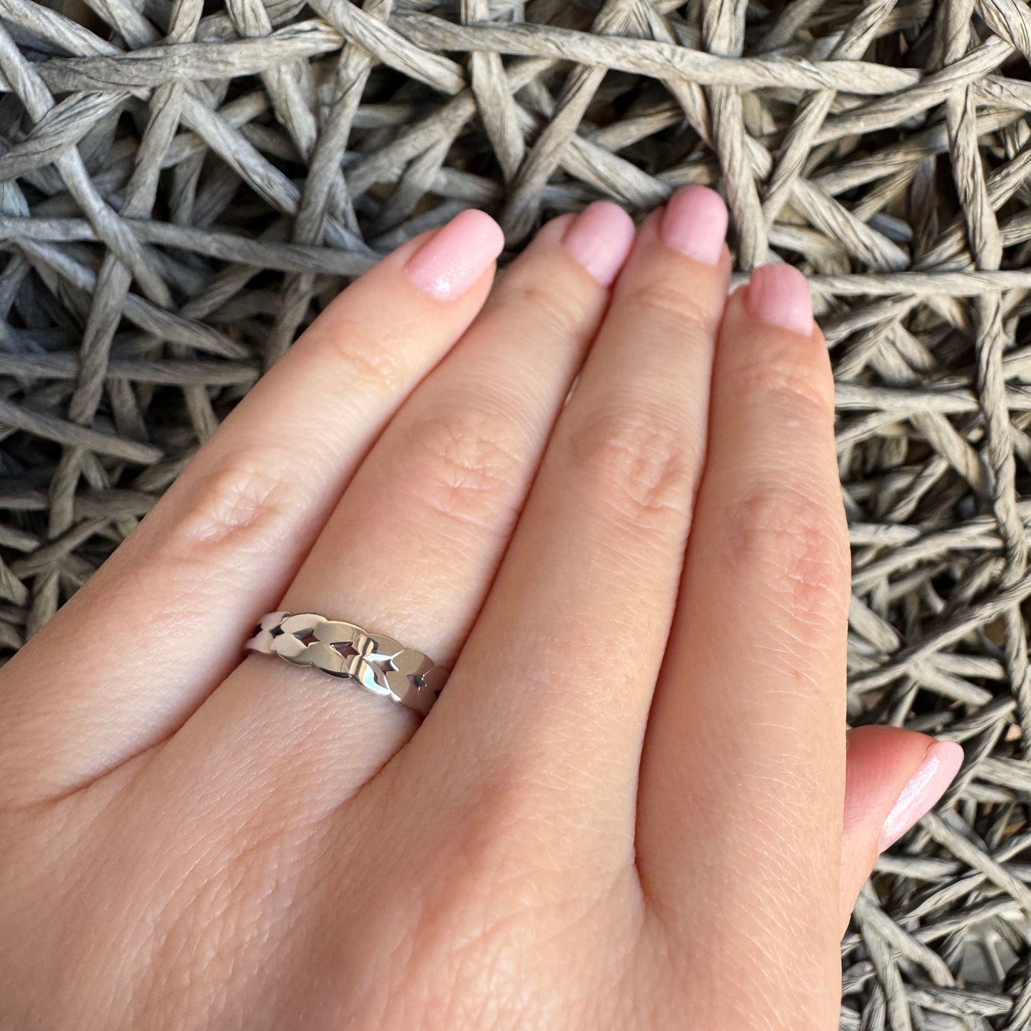 Adjustable silver ring with openwork pattern and braided texture for everyday wear
