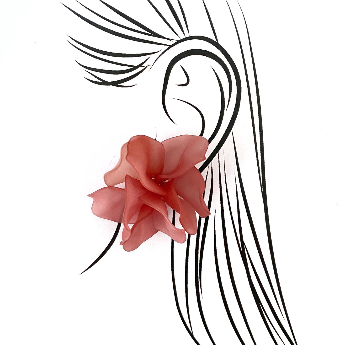 Large pink flower earrings with petal design on ear illustration