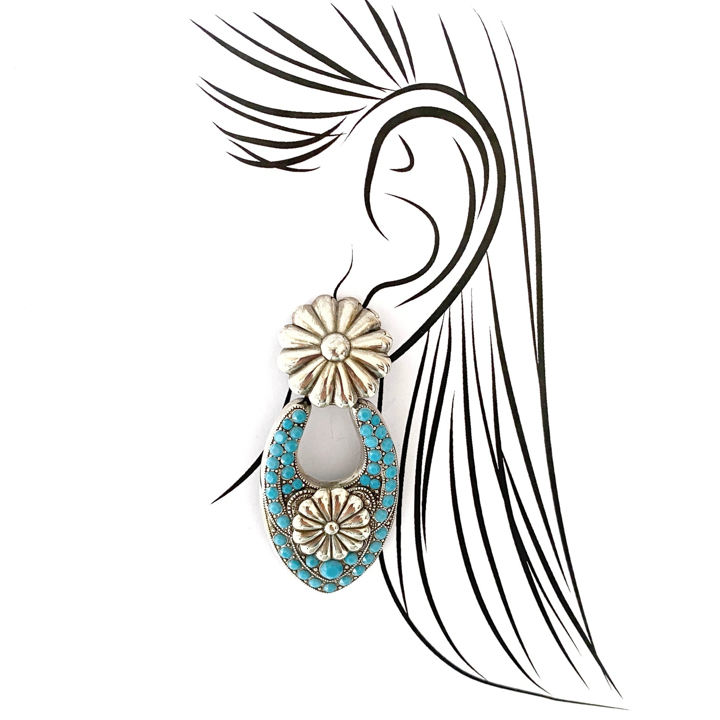 Vintage-inspired clip-on earrings with floral details and blue crystals for an elegant look