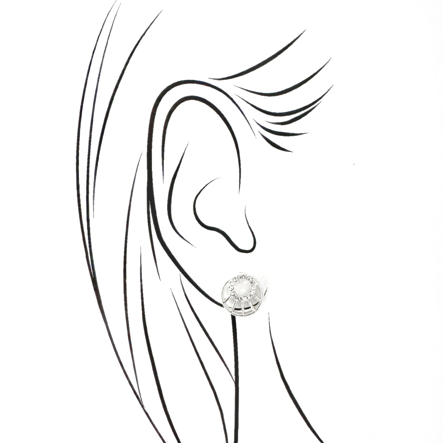 Silver zirconia round earring styled on illustrated ear sketch