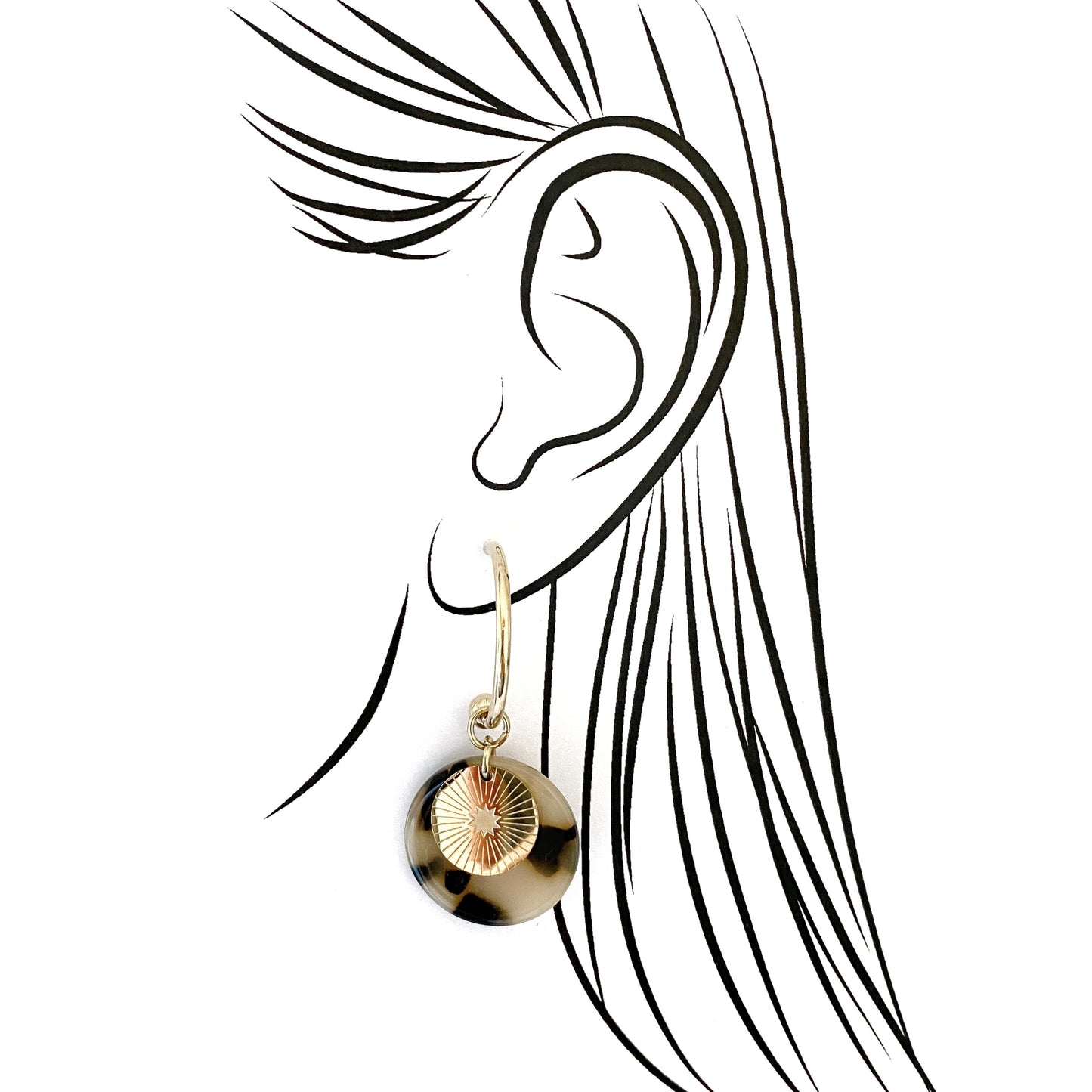 Hanging hoop earrings with beige acrylic disc and golden charm