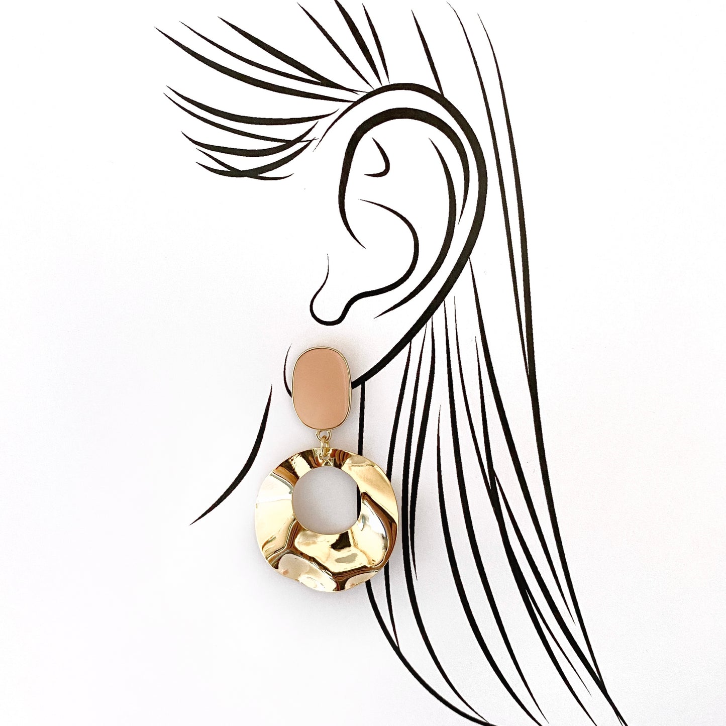Gold IRL earrings with flowing organic shapes and pastel enamel worn on illustrated ear
