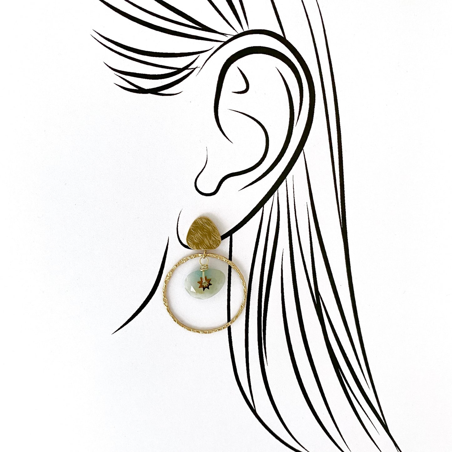 Gold hoop earrings IRL with natural amazonite illustrated on ear