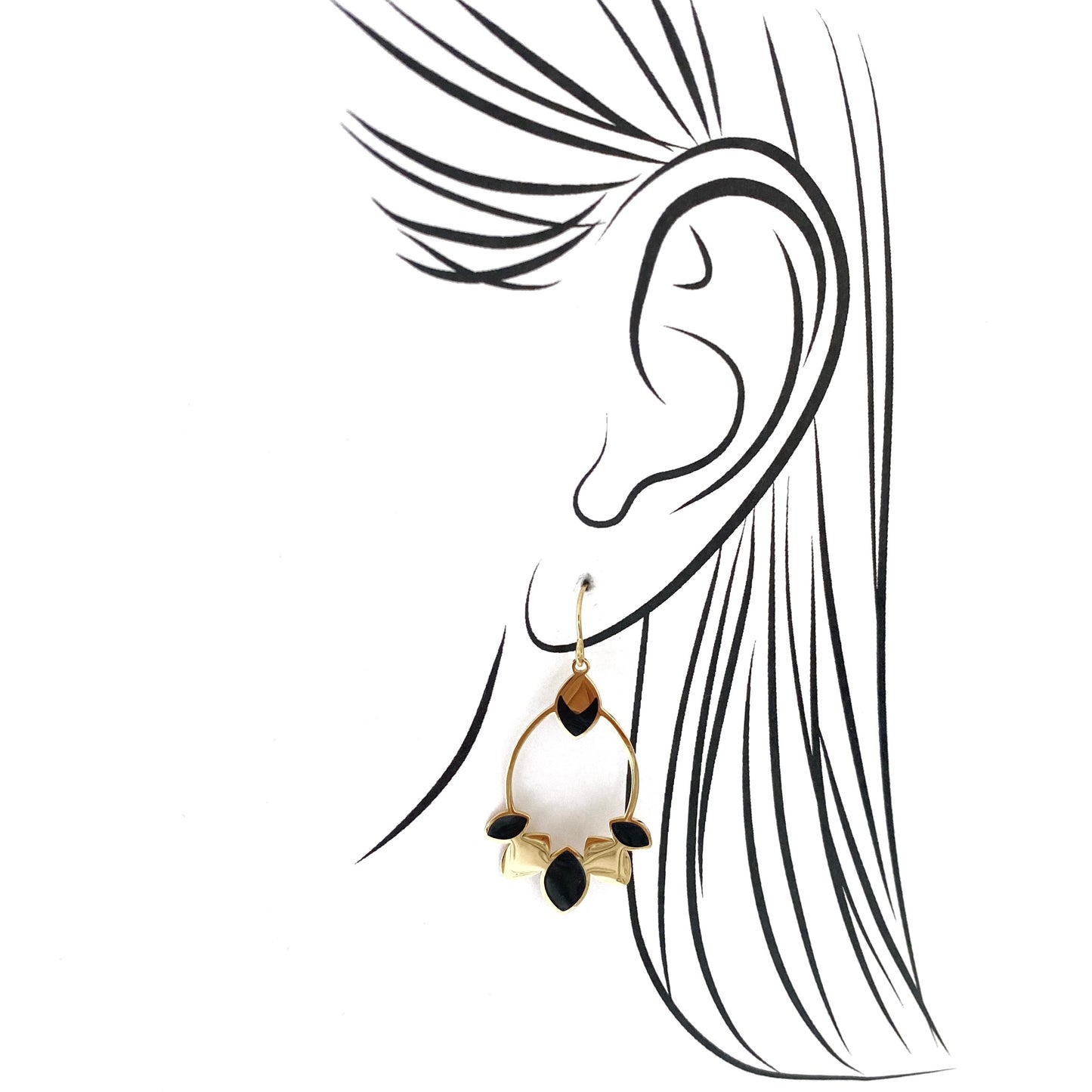 Gold leaf-shaped earrings with black enamel accents