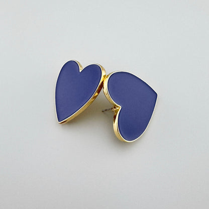 Heart-shaped earrings in gold color with dark blue enamel, Spanish brand Sonata.