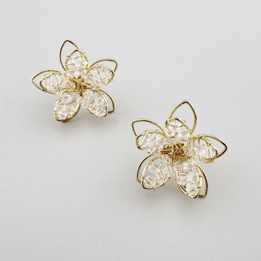 Gold flower-shaped earrings with clear crystals and delicate detailing.