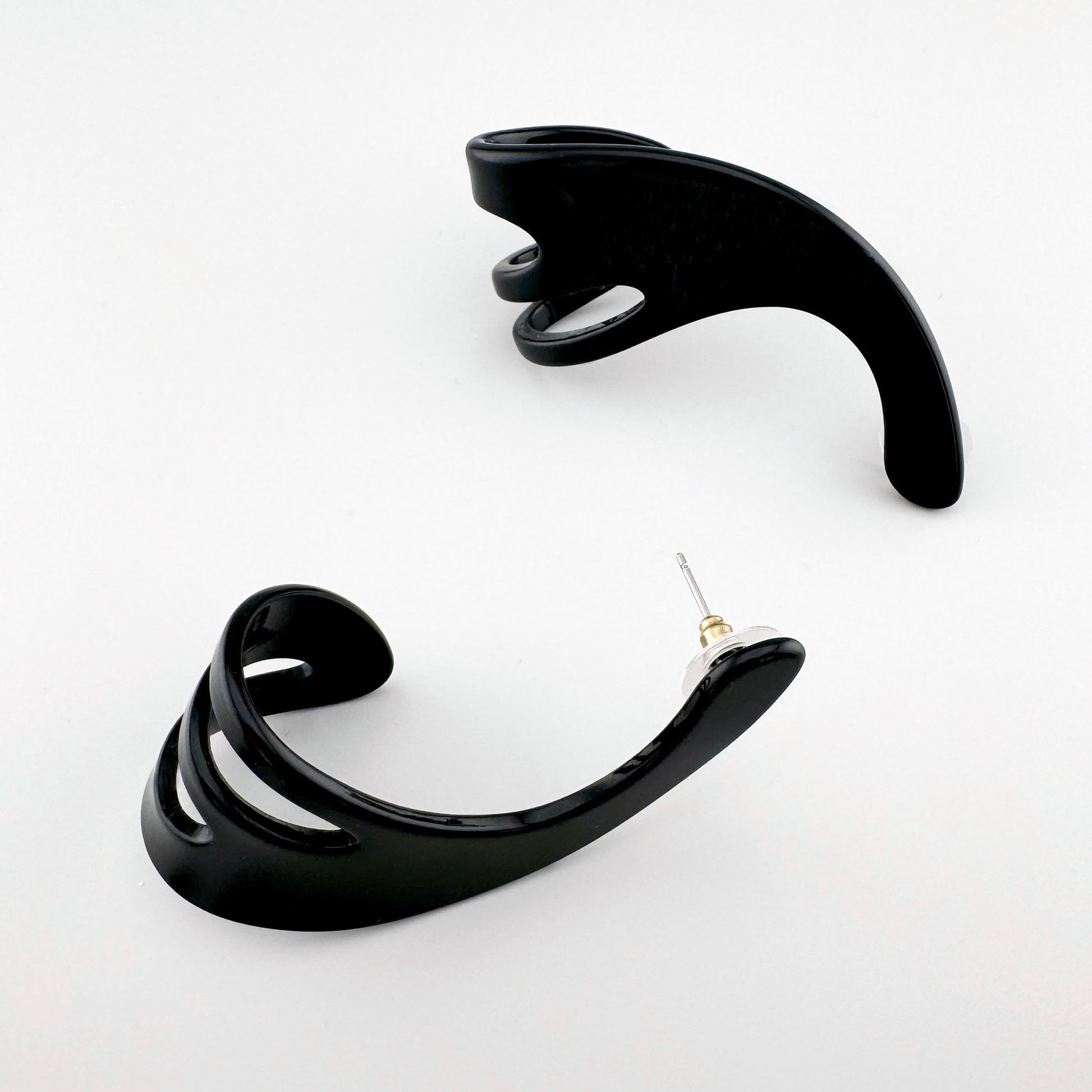 Large black geometric earrings with a modern design, crafted by Spanish brand Sonata.