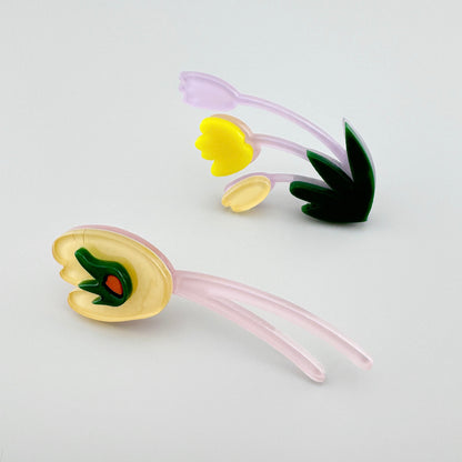 Colorful flower-shaped earrings with yellow and green accents.