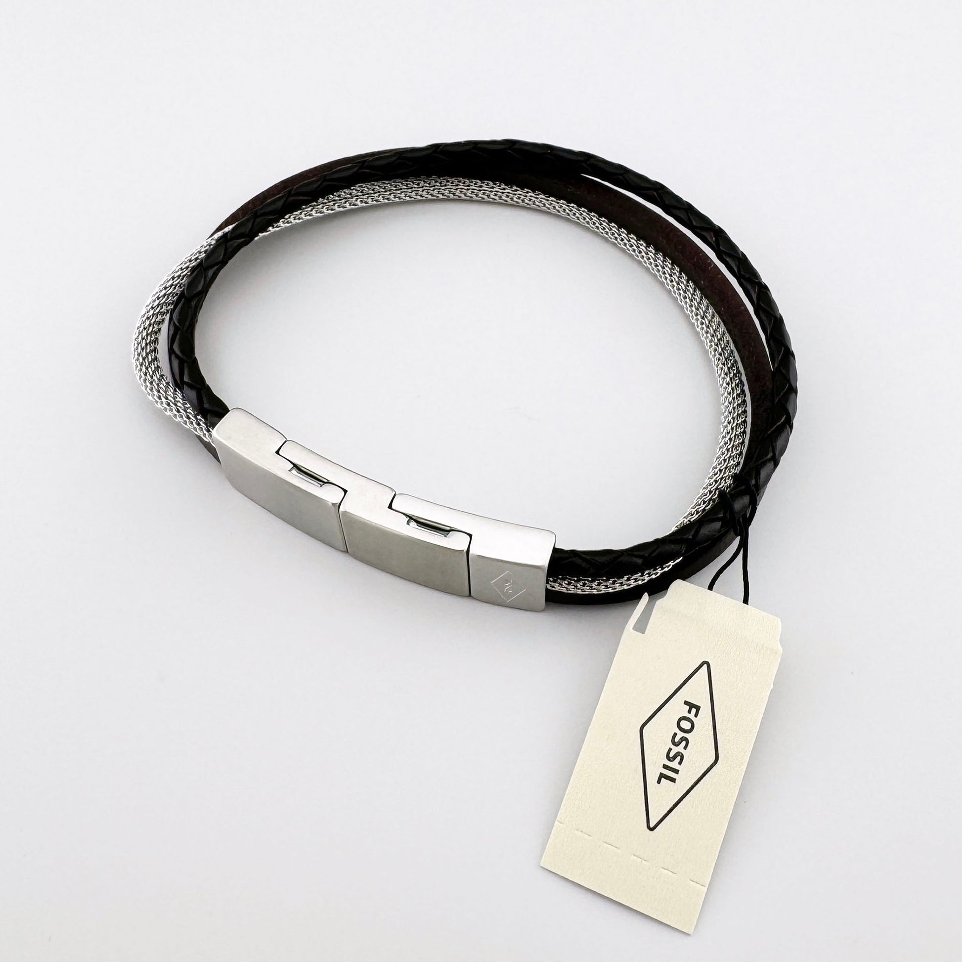 Men's leather bracelet with a metal clasp, by American brand Fossil.