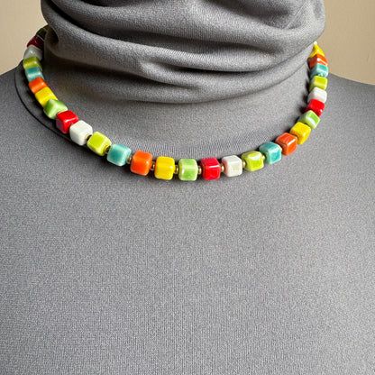 Necklace with glossy multicolor ceramic cubes, French brand Ikita.