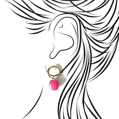 Gold hoop earrings with glossy pink enamel charms, French brand Cannelle.