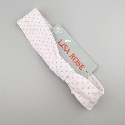 Headband with white and pink polka dots, made of cotton and elastane, Lisa Rose brand.