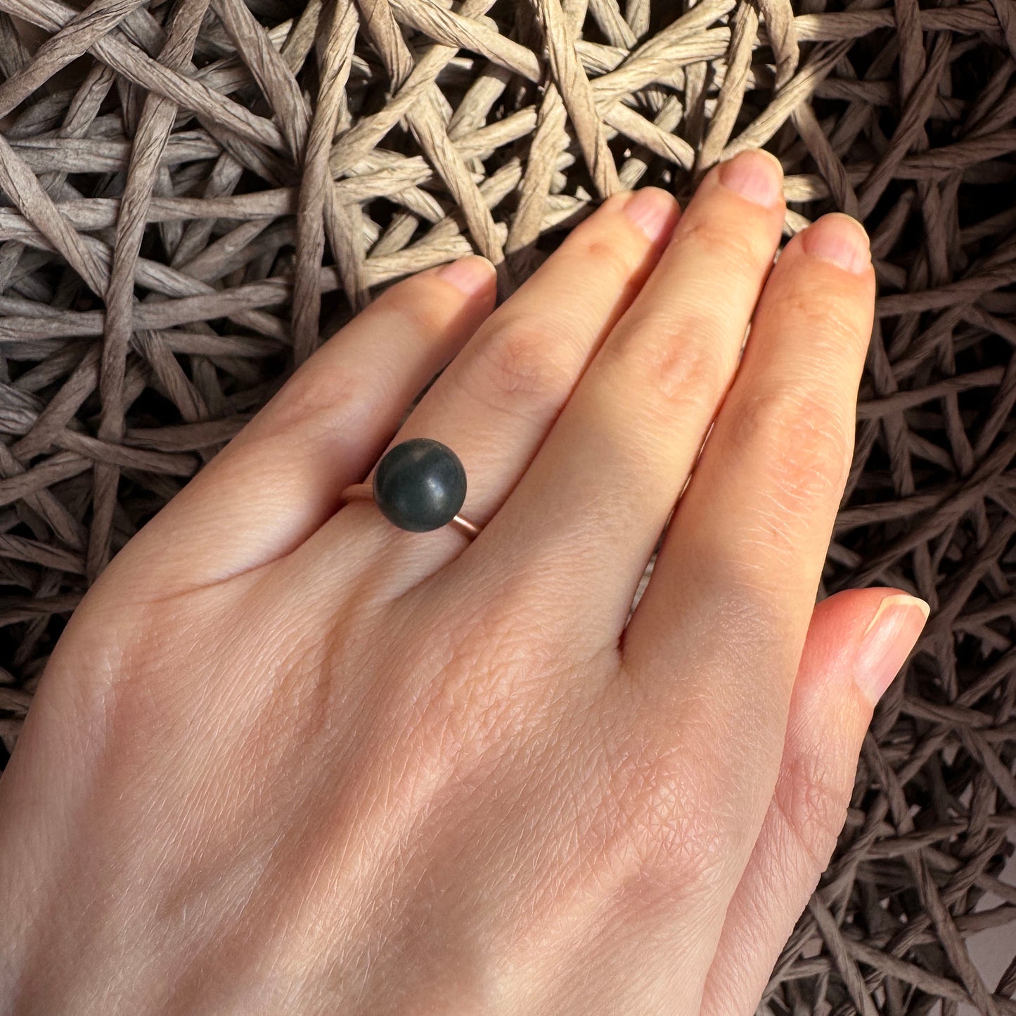 Adjustable Pilgrim ring with deep green stone and matte finish