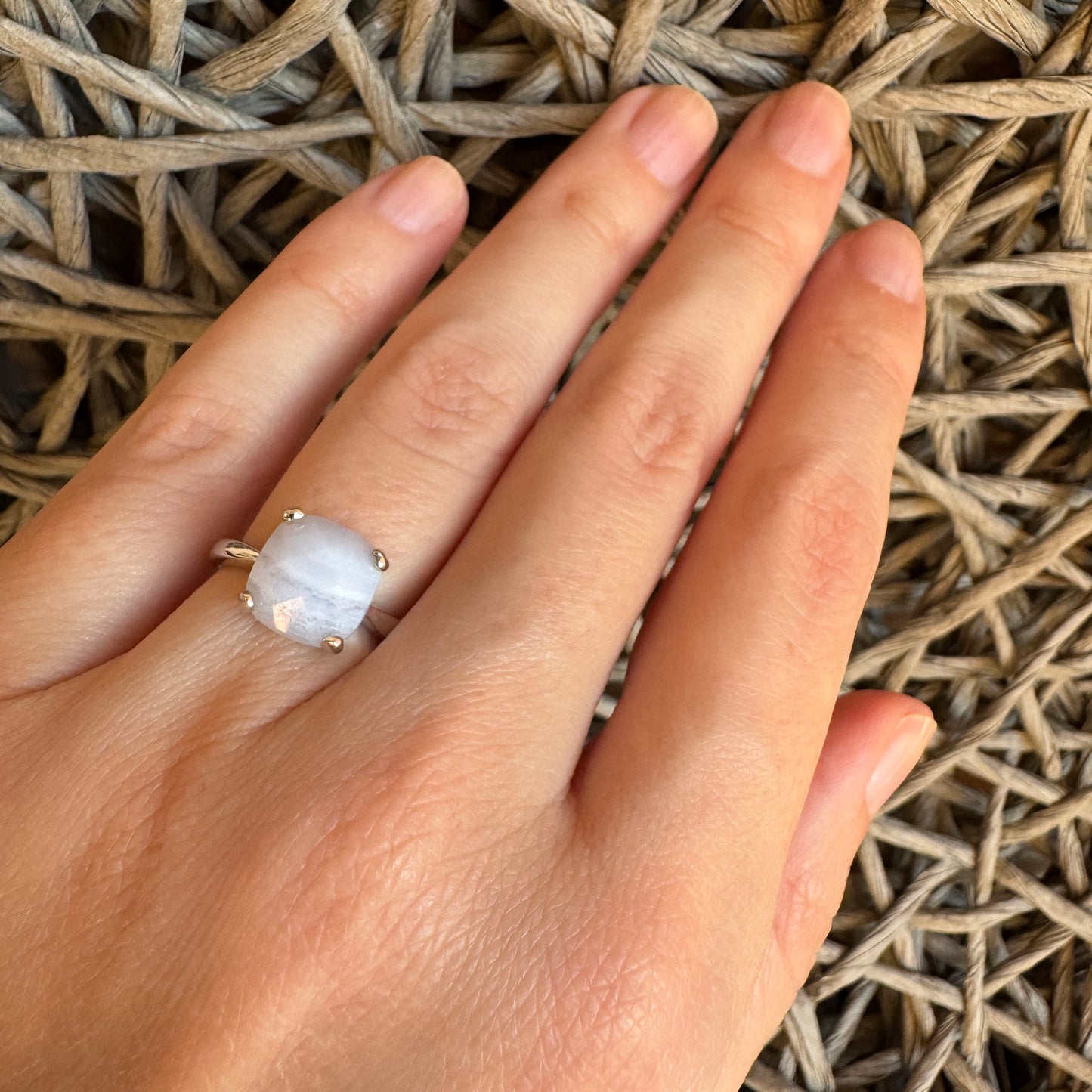 Silver agate ring by Bliss Gioielli worn on hand