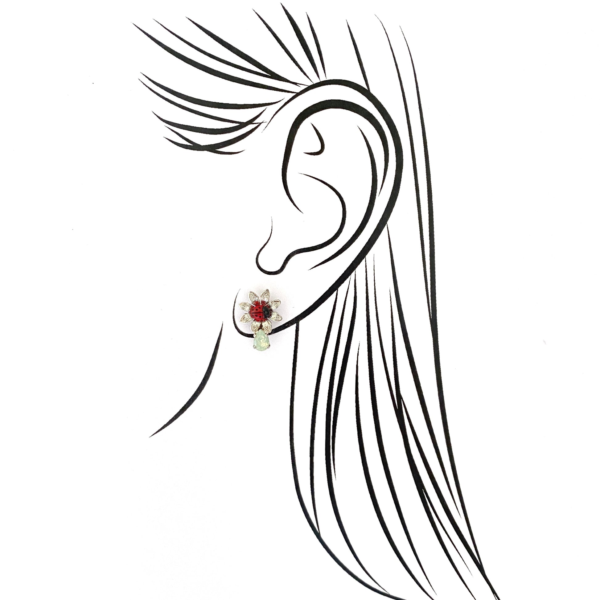 Artistic stud earrings with ladybug and flower design, silver-plated and enamel details