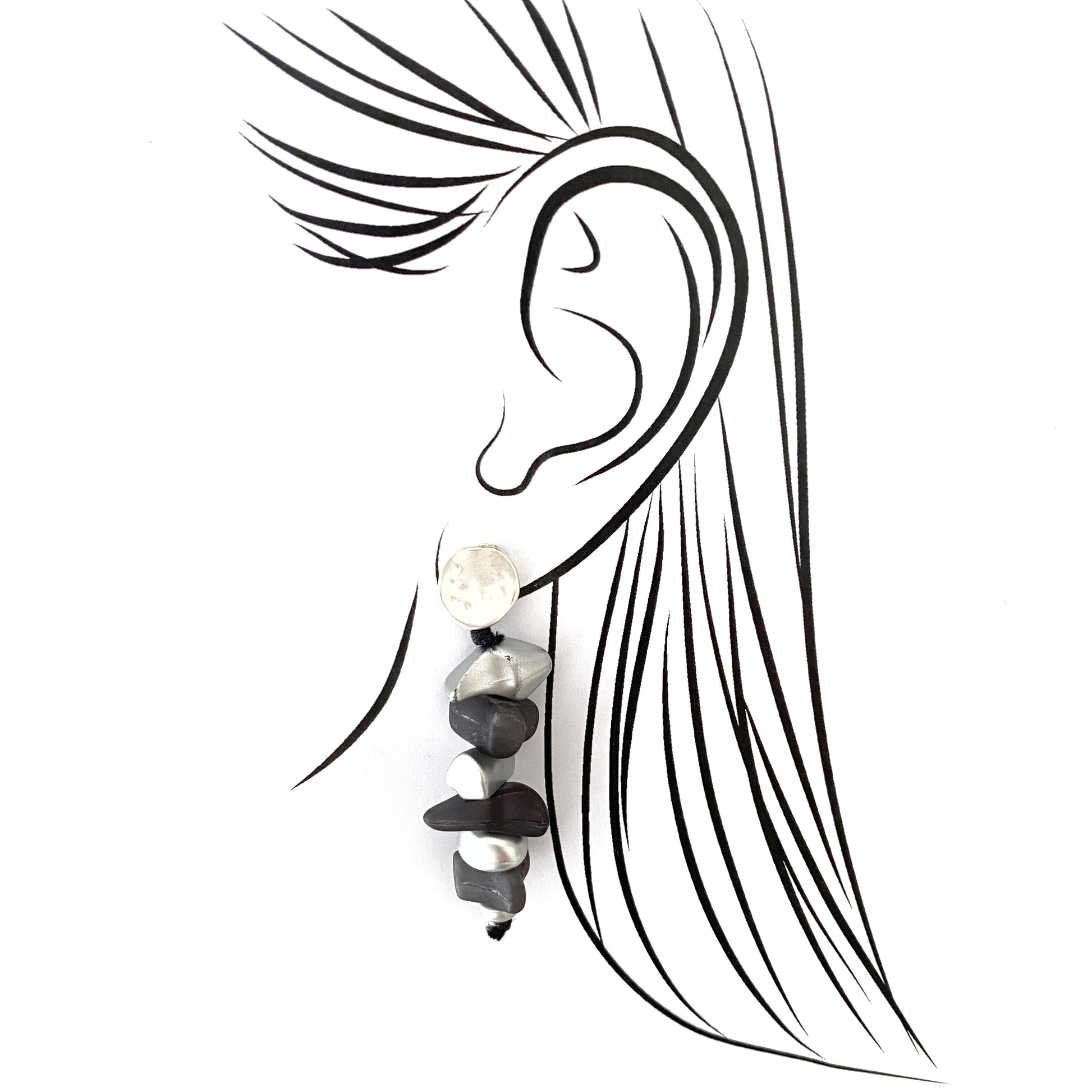 Handmade long black and silver earrings in an abstract geometric design