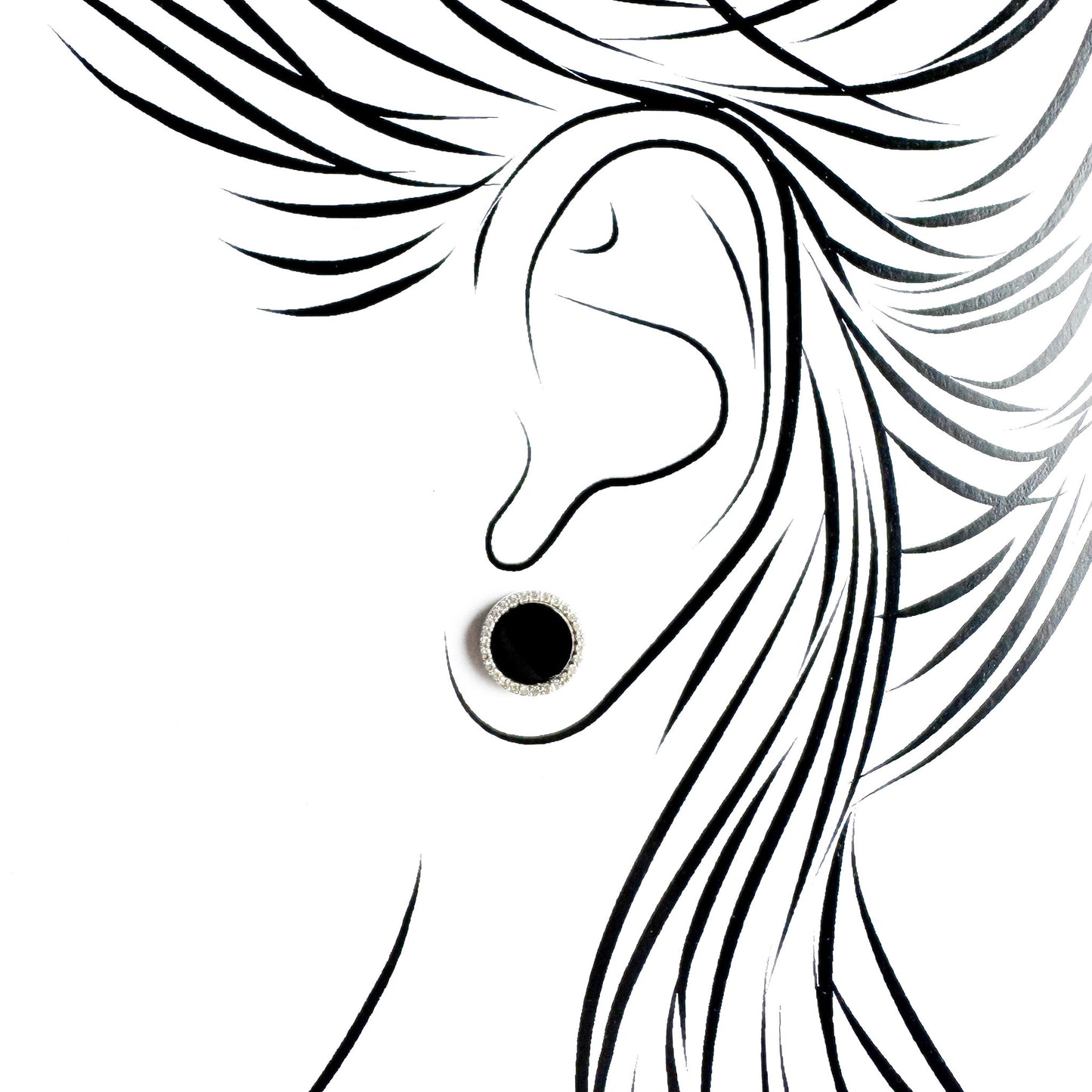 Silver black oval stud earrings Universe worn on the ear with a polished setting