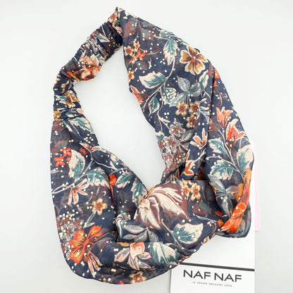 Floral Naf Naf headband in deep navy with a soft gold shimmer and elastic back