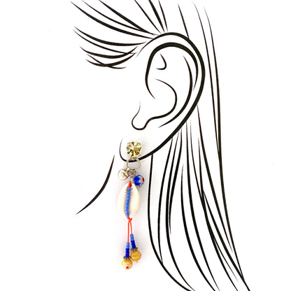 Long boho-style shell earrings with beads, crystals, and ethnic-inspired charms